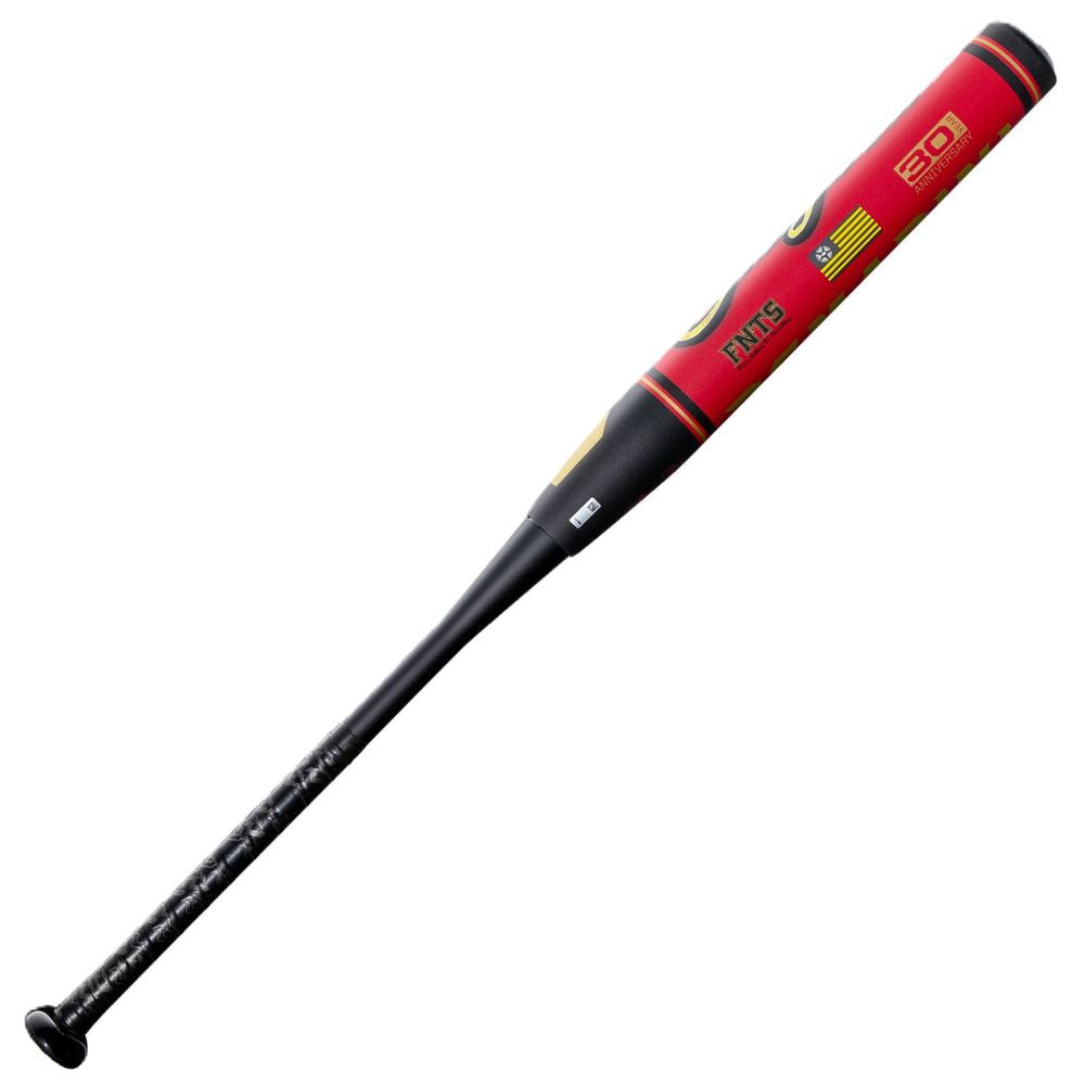 A red and black 2027 DeMarini Caligold 13" Midload SSUSA Senior Slowpitch Softball Bat (WBD2738010) with yellow accents, printed logos on the barrel, and a textured black handle.
