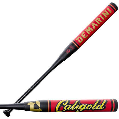The DeMarini 2027 Caligold 13" Midload SSUSA Senior Slowpitch Softball Bat (WBD2738010) is displayed in black and red with bold yellow and red barrel lettering, shown from two angles against a white background.