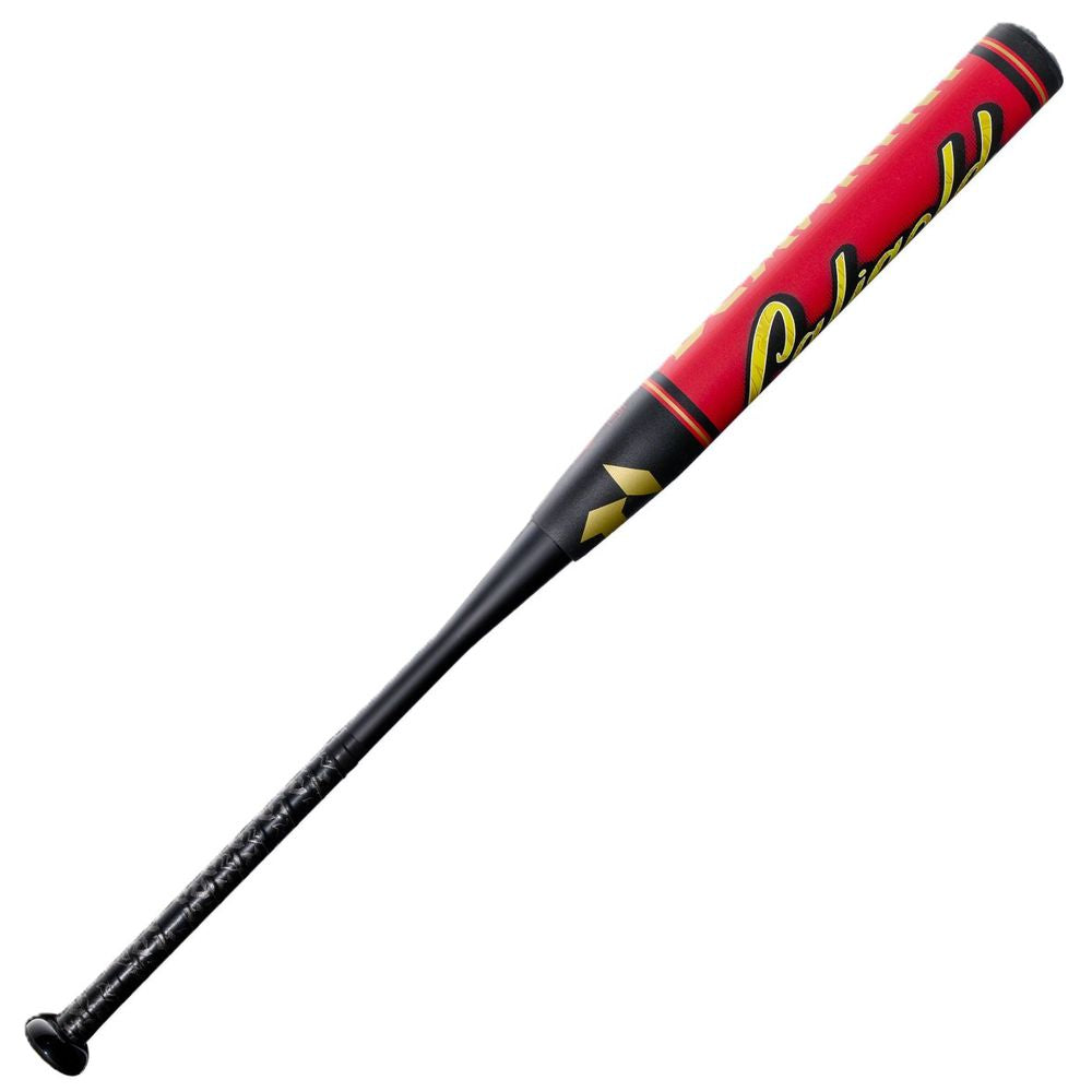 A black and red DeMarini 2027 Caligold 13" Midload SSUSA Senior Slowpitch Softball Bat (WBD2738010) features a textured black grip, yellow barrel lettering, and a sleek midload design.