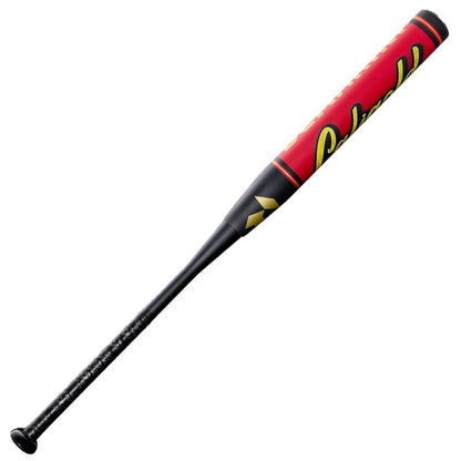 A black and red DeMarini 2027 Caligold 13" Midload SSUSA Senior Slowpitch Softball Bat (WBD2738010) features a textured black grip, yellow barrel lettering, and a sleek midload design.