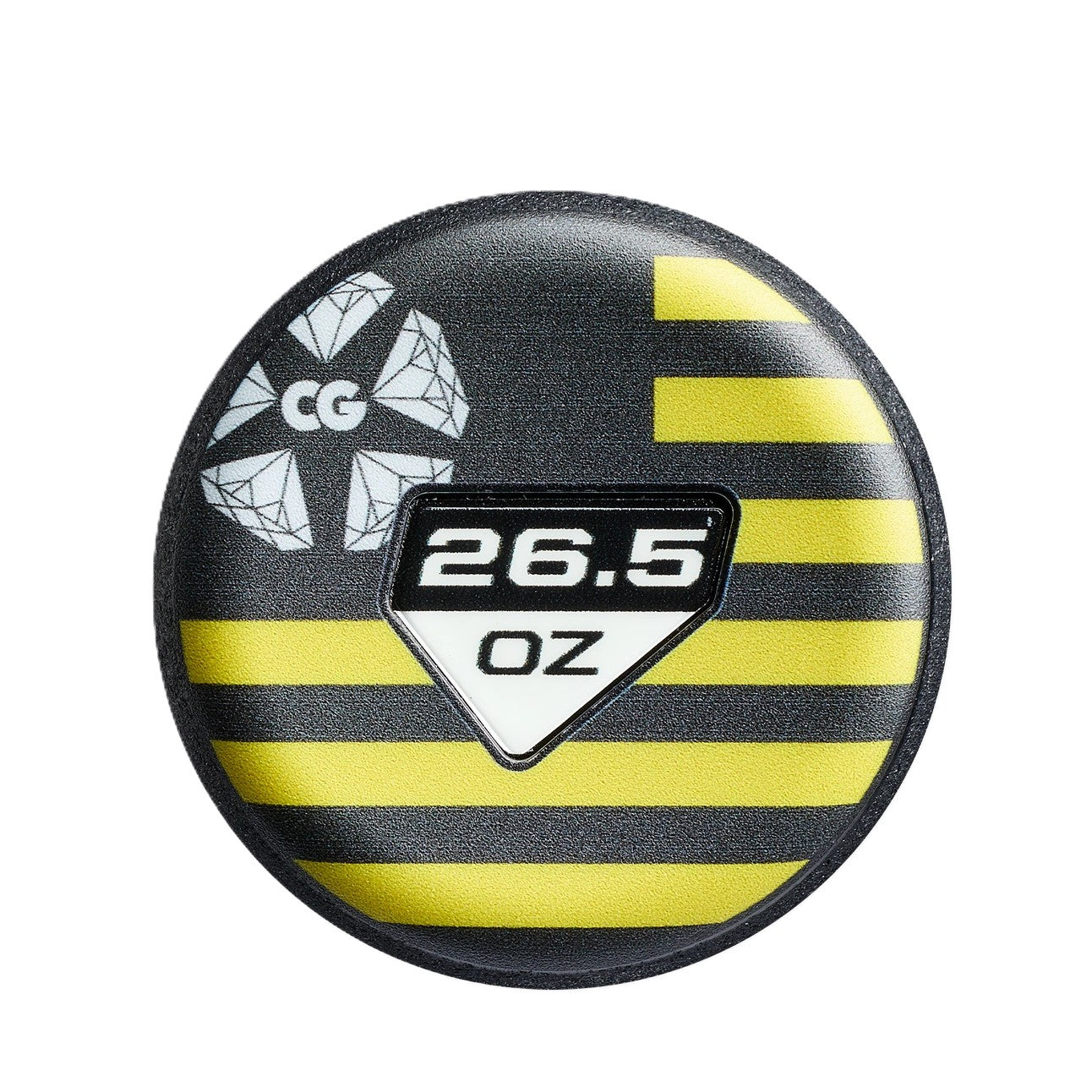 A round object with black and yellow stripes, a white "CG" emblem on the left, and a center label marked "26.5 OZ"—perfect for fans of the DeMarini 2027 Caligold 13" Midload SSUSA Senior Slowpitch Softball Bat (WBD2738010).