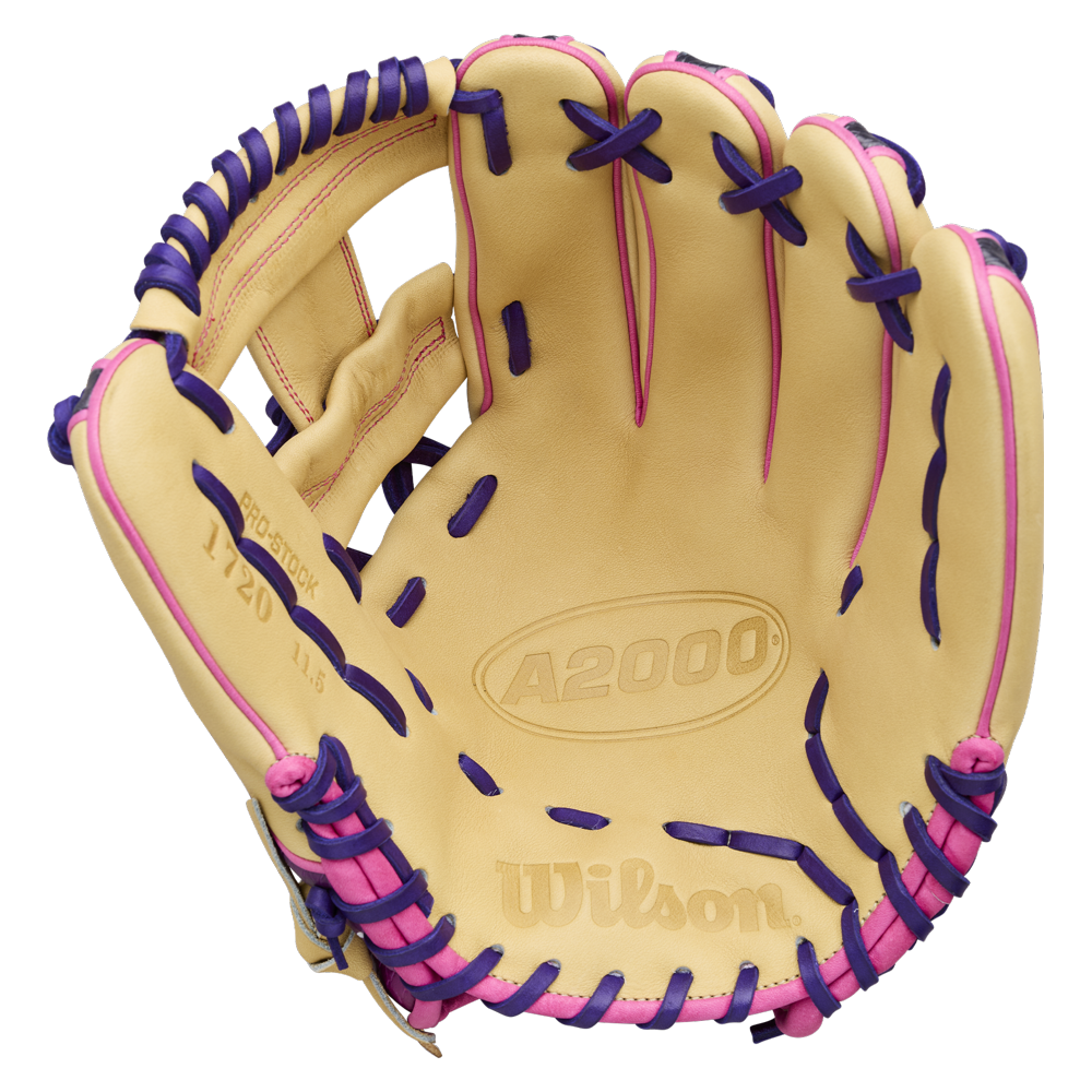 A top-down view of the Wilson A2000 1720SS 11.5″ Baseball Glove (WBG0009401RT115) by Wilson, featuring a tan design with purple and pink laces that highlight the inside pocket and detailed stitching—ideal for infielders.