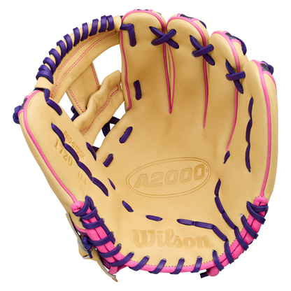 A top-down view of the Wilson A2000 1720SS 11.5″ Baseball Glove (WBG0009401RT115) by Wilson, featuring a tan design with purple and pink laces that highlight the inside pocket and detailed stitching—ideal for infielders.