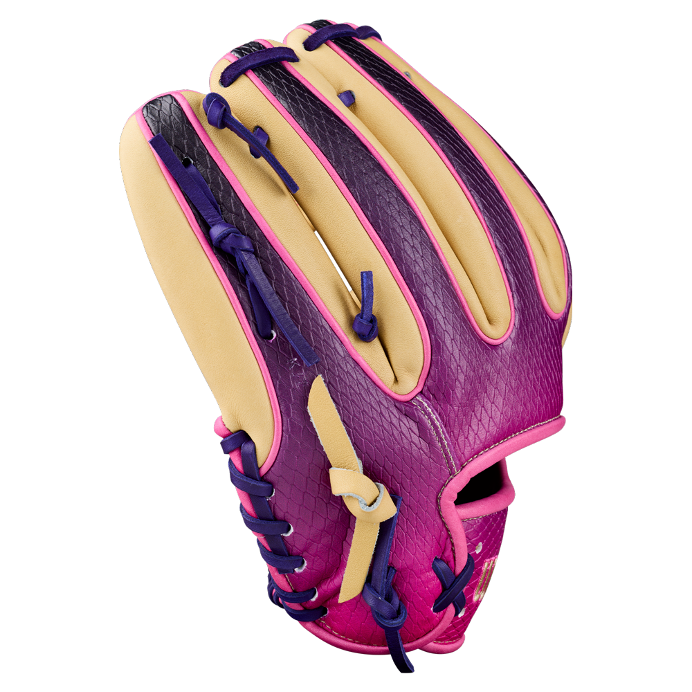The Wilson A2000 1720SS 11.5″ Baseball Glove: WBG0009401RT115 stands out with a stunning snakeskin pattern in bold purple and pink hues, soft tan finger padding, and vivid blue laces.