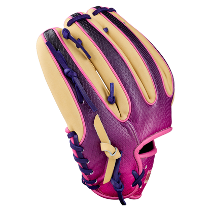 The Wilson A2000 1720SS 11.5″ Baseball Glove: WBG0009401RT115 stands out with a stunning snakeskin pattern in bold purple and pink hues, soft tan finger padding, and vivid blue laces.