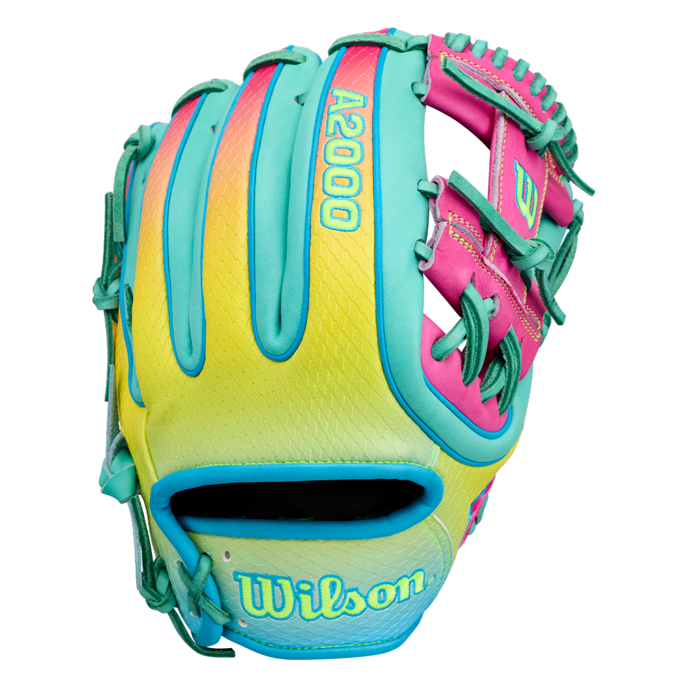 A vibrant Wilson A2000 1727SS 11.5″ Baseball Glove (WBG0009501RT1175) by Wilson, crafted with yellow, teal, and pink leather, accented by teal laces and SuperSnakeSkin detailing, is displayed palm side down on a white background.