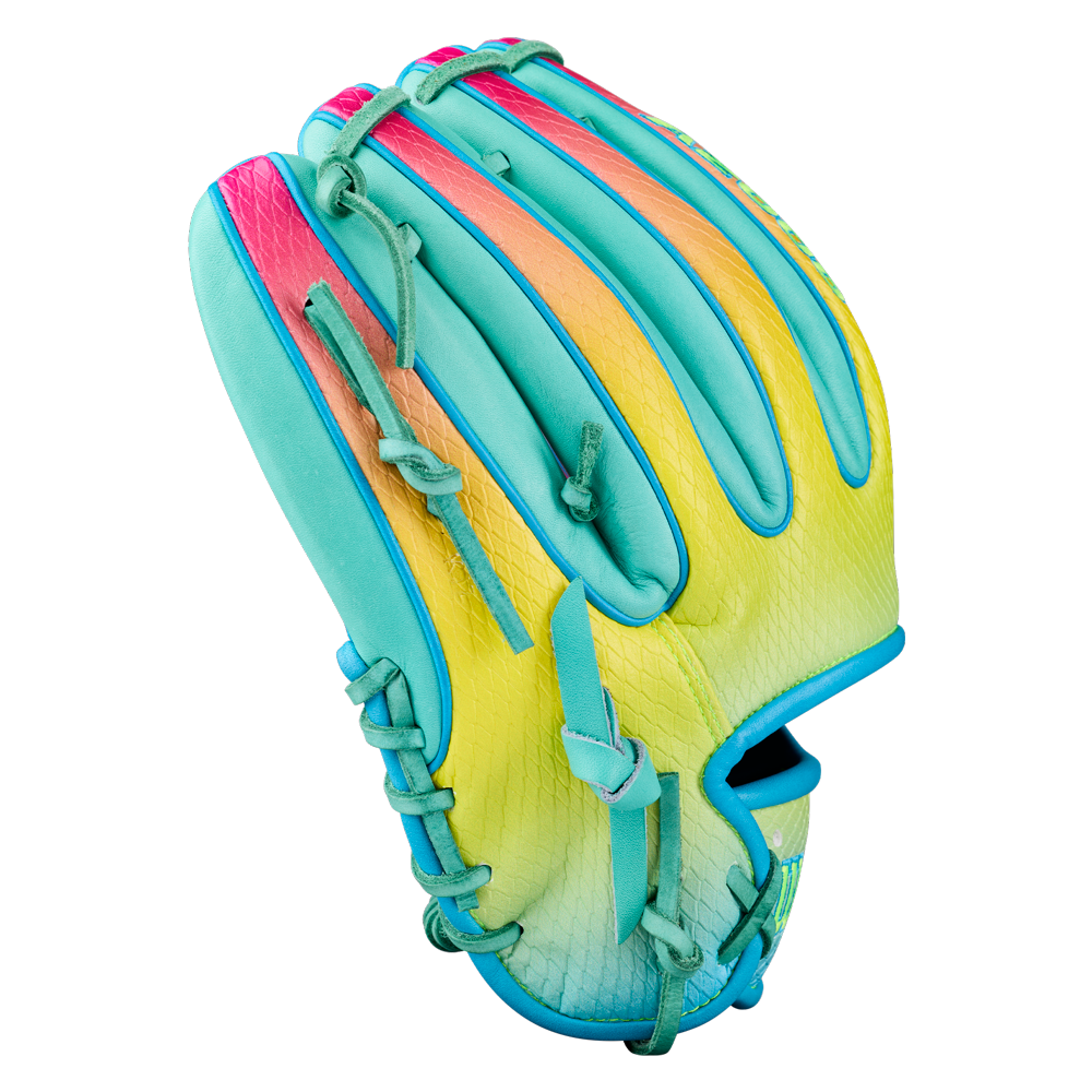 The Wilson A2000 1727SS 11.5″ Baseball Glove (WBG0009501RT1175) by Wilson is an infield glove distinguished by its vibrant turquoise, yellow, and pink SuperSnakeSkin panels, pictured palm down against a white background.