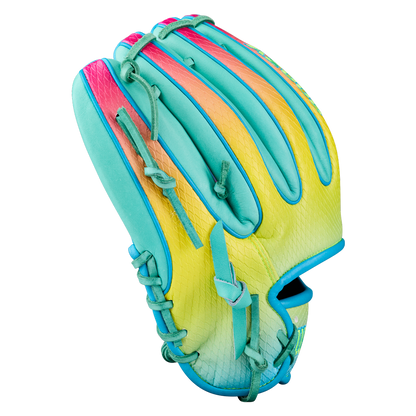 The Wilson A2000 1727SS 11.5″ Baseball Glove (WBG0009501RT1175) by Wilson is an infield glove distinguished by its vibrant turquoise, yellow, and pink SuperSnakeSkin panels, pictured palm down against a white background.