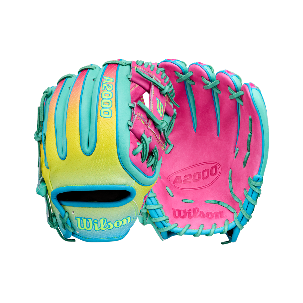 A vibrant Wilson A2000 1727SS 11.5″ Baseball Glove (WBG0009501RT1175) by Wilson, crafted with SuperSnakeSkin in yellow, teal, and pink and accented with teal laces, is displayed from both the front and back against a white background.