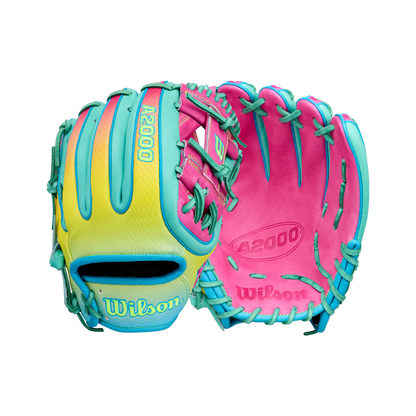 A vibrant Wilson A2000 1727SS 11.5″ Baseball Glove (WBG0009501RT1175) by Wilson, crafted with SuperSnakeSkin in yellow, teal, and pink and accented with teal laces, is displayed from both the front and back against a white background.