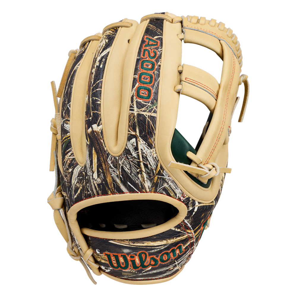 A Wilson A2000 GH2 11.75″ Gunnar Henderson GM Baseball Glove (WBG0009601RT1175) featuring a tan and camouflage design, with the Wilson brand name in orange text. Inspired by Gunnar Henderson’s glove, this infield glove is laced with tan leather.