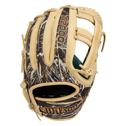 A Wilson A2000 GH2 11.75″ Gunnar Henderson GM Baseball Glove (WBG0009601RT1175) featuring a tan and camouflage design, with the Wilson brand name in orange text. Inspired by Gunnar Henderson’s glove, this infield glove is laced with tan leather.