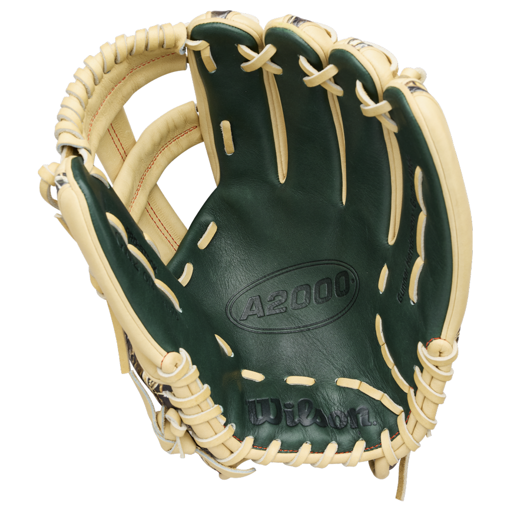 A Wilson A2000 GH2 11.75″ Gunnar Henderson GM Baseball Glove (WBG0009601RT1175) by Wilson is shown from above, highlighting its tan and green design with visible pocket and stitching details against a white background.