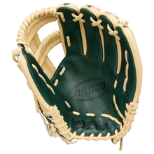 A Wilson A2000 GH2 11.75″ Gunnar Henderson GM Baseball Glove (WBG0009601RT1175) by Wilson is shown from above, highlighting its tan and green design with visible pocket and stitching details against a white background.