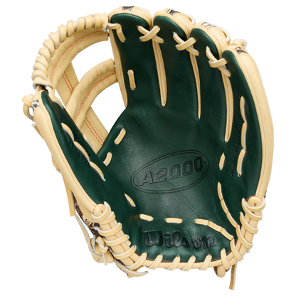 A Wilson A2000 GH2 11.75″ Gunnar Henderson GM Baseball Glove (WBG0009601RT1175) by Wilson is shown from above, highlighting its tan and green design with visible pocket and stitching details against a white background.