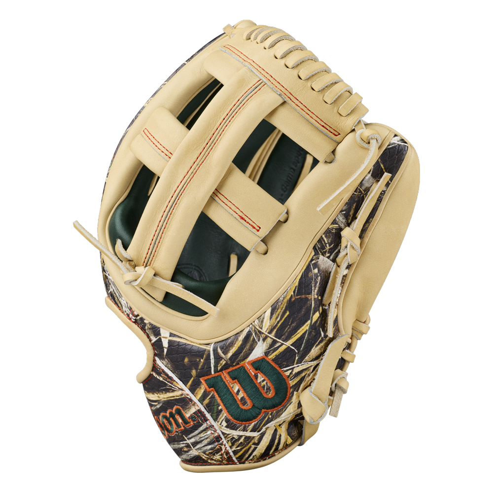 Introducing the Wilson A2000 GH2 11.75″ Gunnar Henderson GM Baseball Glove (WBG0009601RT1175), a tan and camouflage-patterned glove by Wilson featuring green and orange stitching, a prominent W logo on the side, and an open web design inspired by Gunnar Henderson.
