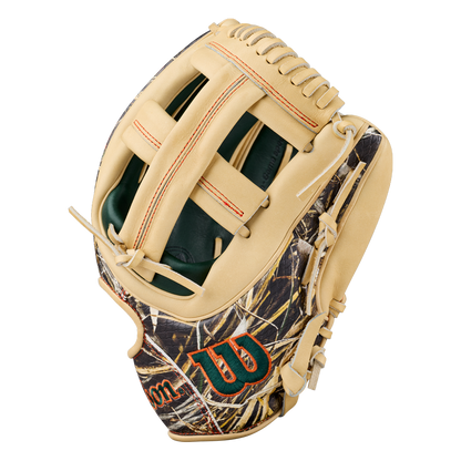 Introducing the Wilson A2000 GH2 11.75″ Gunnar Henderson GM Baseball Glove (WBG0009601RT1175), a tan and camouflage-patterned glove by Wilson featuring green and orange stitching, a prominent W logo on the side, and an open web design inspired by Gunnar Henderson.
