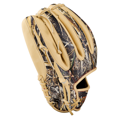 A Wilson A2000 GH2 11.75″ Gunnar Henderson GM Baseball Glove (WBG0009601RT1175) featuring a tan leather border and a camouflage-patterned interior, displayed against a plain white background.
