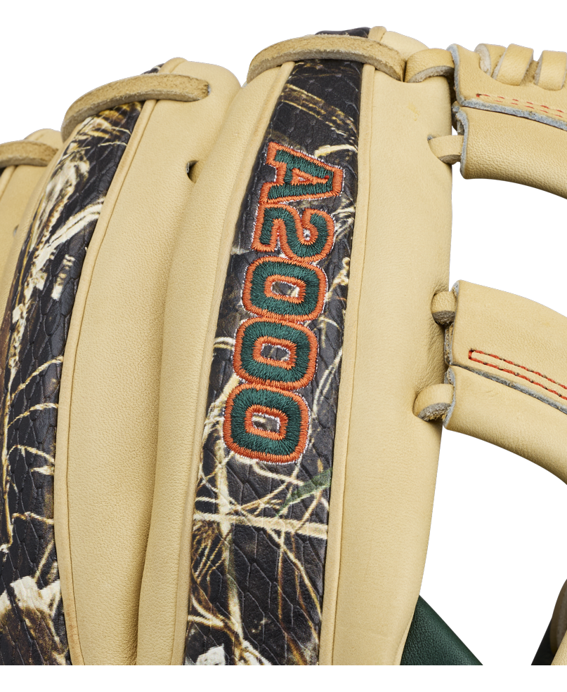 Close-up of the Wilson A2000 GH2 11.75″ Gunnar Henderson GM Baseball Glove (WBG0009601RT1175) featuring tan leather, a camouflage pattern, and the “A2000” embroidered in orange and black on one of the fingers.