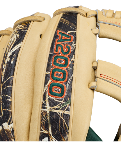 Close-up of the Wilson A2000 GH2 11.75″ Gunnar Henderson GM Baseball Glove (WBG0009601RT1175) featuring tan leather, a camouflage pattern, and the “A2000” embroidered in orange and black on one of the fingers.