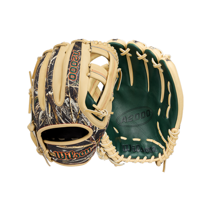 Two Wilson A2000 GH2 11.75″ Gunnar Henderson GM Baseball Gloves by Wilson are positioned side by side on a white background—one highlights the distinctive camo-patterned back, while the other displays the striking green palm with tan lacing. Designed for infield play, these gloves blend bold style with the trusted performance of Wilson craftsmanship.