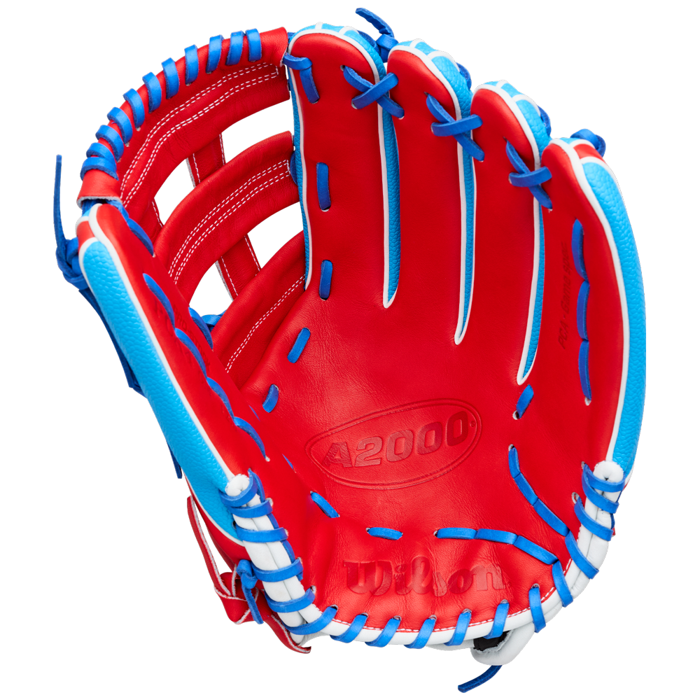 A vibrant red Wilson A2000 PCA4 12.5″ Pete Crow-Armstrong GM baseball glove, accented with blue and white laces and featuring the embossed A2000 text in the palm area.
