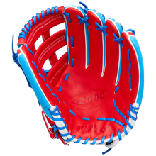 A vibrant red Wilson A2000 PCA4 12.5″ Pete Crow-Armstrong GM baseball glove, accented with blue and white laces and featuring the embossed A2000 text in the palm area.