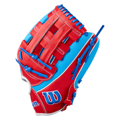A red and blue outfield baseball glove with white stitching and a white “W” embroidered on the lower part, inspired by the iconic Wilson A2000 PCA4 12.5″ Pete Crow-Armstrong GM Baseball Glove (WBG0009701) from Wilson.