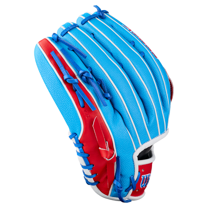 A Wilson A2000 PCA4 12.5″ Pete Crow-Armstrong GM Baseball Glove (WBG0009701) in blue with red and white accents, blue laces, and textured leather is displayed from the back on a plain white background—an ideal outfield glove designed in collaboration with Pete Crow-Armstrong for the Wilson A2000 series.
