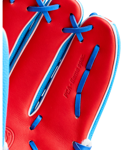 Close-up of a red Wilson A2000 PCA4 12.5″ Pete Crow-Armstrong GM Baseball Glove (WBG0009701), featuring blue laces and white trim, with “PGR Gaming spec.” embossed on the palm, reminiscent of the signature style used by Pete Crow-Armstrong.