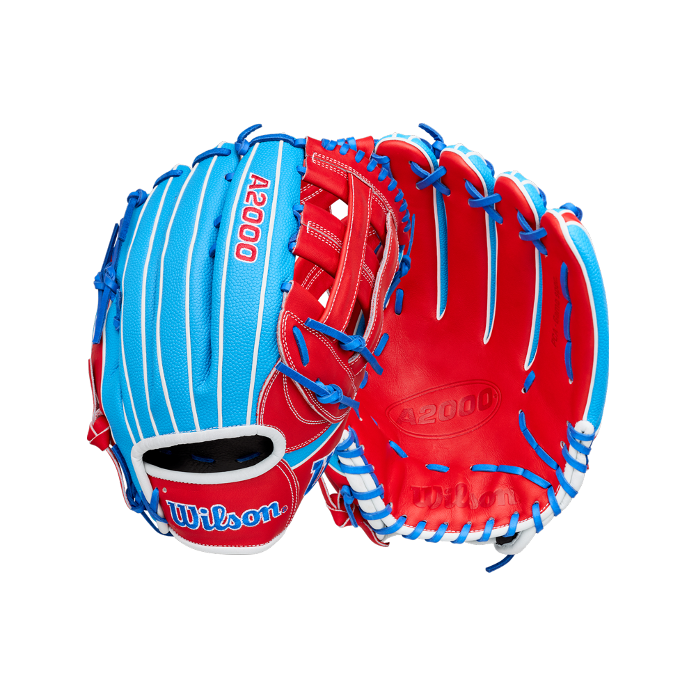 Two Wilson A2000 PCA4 12.5″ Pete Crow-Armstrong GM Baseball Gloves by Wilson (model WBG0009701) are shown in red, blue, and white from both the front and back. These gloves feature bold blue lacing, vibrant red palms, and crisp white accents for a striking appearance inspired by Pete Crow-Armstrong’s signature glove. The Wilson brand and A2000 logos are prominently displayed on each glove.