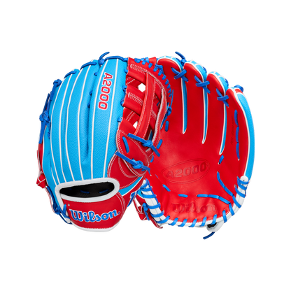 Two Wilson A2000 PCA4 12.5″ Pete Crow-Armstrong GM Baseball Gloves by Wilson (model WBG0009701) are shown in red, blue, and white from both the front and back. These gloves feature bold blue lacing, vibrant red palms, and crisp white accents for a striking appearance inspired by Pete Crow-Armstrong’s signature glove. The Wilson brand and A2000 logos are prominently displayed on each glove.
