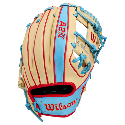 The Wilson A2K 1786 11.5″ Baseball Glove (WBG0010101RT115) by Wilson is showcased against a plain white background, featuring a beige and light blue design crafted from Pro Stock Select leather with striking red stitching and accents.