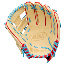 A Wilson A2K 1786 11.5″ Baseball Glove (WBG0010101RT115) from Wilson, crafted from premium Pro Stock Select leather in a tan color and accented with red and blue lacing, is displayed palm-up against a plain white background to showcase its elite quality as an infield glove.
