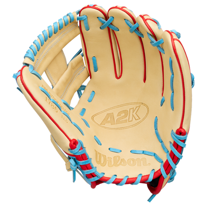 A Wilson A2K 1786 11.5″ Baseball Glove (WBG0010101RT115) from Wilson, crafted from premium Pro Stock Select leather in a tan color and accented with red and blue lacing, is displayed palm-up against a plain white background to showcase its elite quality as an infield glove.