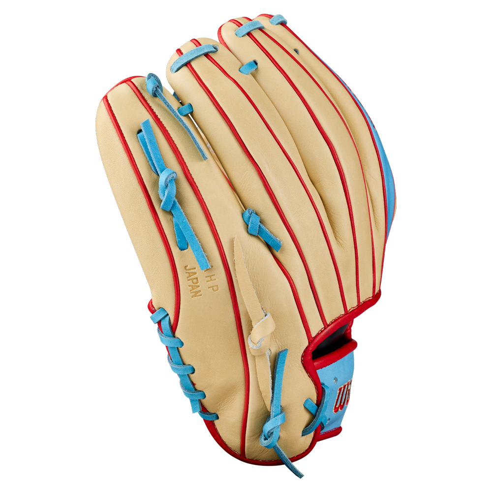 A Wilson A2K 1786 11.5″ Baseball Glove (WBG0010101RT115) featuring a tan Pro Stock Select leather construction, red piping, and light blue laces is displayed against a plain white background.