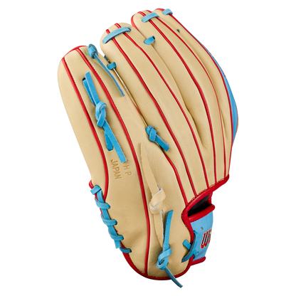 A Wilson A2K 1786 11.5″ Baseball Glove (WBG0010101RT115) featuring a tan Pro Stock Select leather construction, red piping, and light blue laces is displayed against a plain white background.