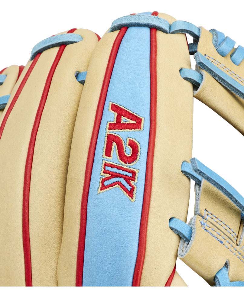 Close-up of the Wilson A2K 1786 11.5″ Baseball Glove (WBG0010101RT115) by Wilson, featuring tan and light blue Pro Stock Select leather with red stitching and “A2K” embroidered in red and gold on the back.