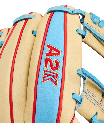 Close-up of the Wilson A2K 1786 11.5″ Baseball Glove (WBG0010101RT115) by Wilson, featuring tan and light blue Pro Stock Select leather with red stitching and “A2K” embroidered in red and gold on the back.