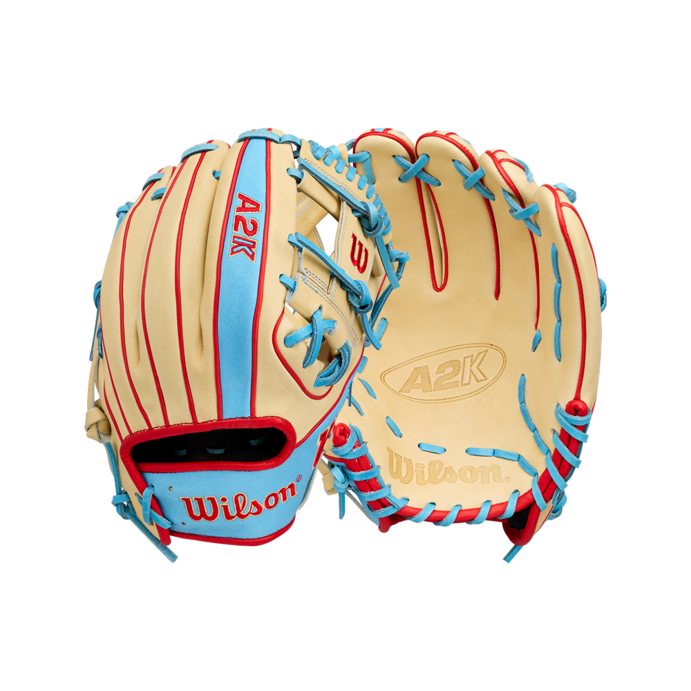 Two tan Wilson A2K 1786 11.5″ Baseball Gloves (WBG0010101RT115) by Wilson, featuring blue and red laces and crafted from premium Pro Stock Select leather, are displayed front and back on a white background. Ideal for infield baseball players who demand exceptional feel and performance.