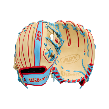 Two tan Wilson A2K 1786 11.5″ Baseball Gloves (WBG0010101RT115) by Wilson, featuring blue and red laces and crafted from premium Pro Stock Select leather, are displayed front and back on a white background. Ideal for infield baseball players who demand exceptional feel and performance.