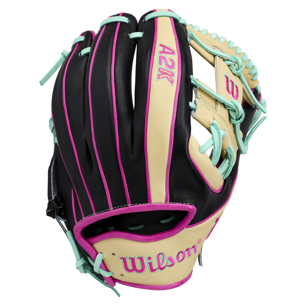 The Wilson A2K 1724 11.75″ Baseball Glove (WBG0010201RT1175) by Wilson features a striking design with black, tan, teal, and pink accents. The infield glove showcases the Wilson logo and visible stitching, along with teal laces and a pink outline. For enhanced stability, it includes Double Palm Construction.