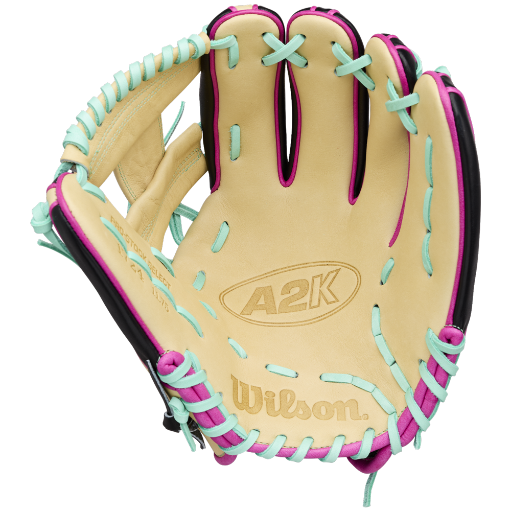 The Wilson A2K 1724 11.75″ Baseball Glove: WBG0010201RT1175 by Wilson features a tan design with black trim and pink and teal laces. Displayed open with the palm facing forward, this glove showcases its Double Palm Construction for enhanced durability, making it an ideal choice for infielders.