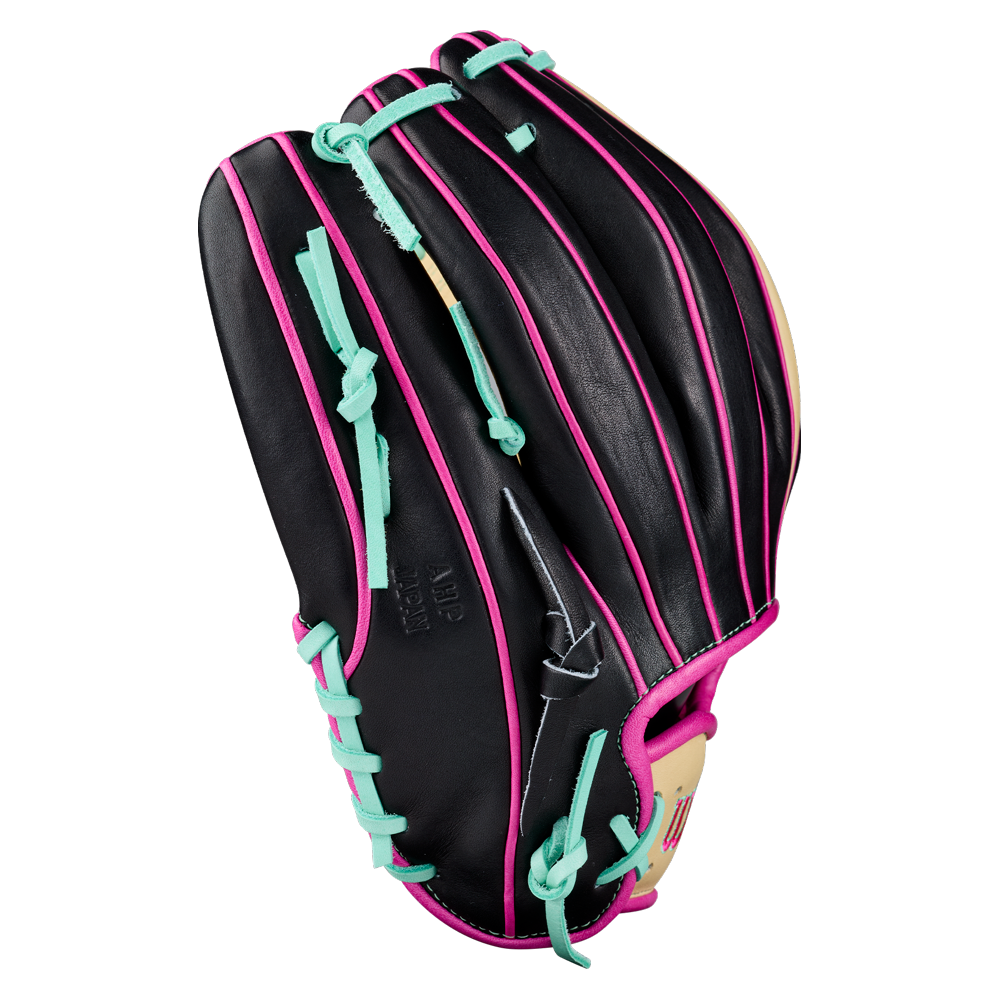 A Wilson A2K 1724 11.75″ Baseball Glove (WBG0010201RT1175) in black, accented with pink trim and light blue laces and featuring Double Palm Construction, is shown against a plain white background.