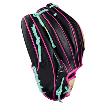 A Wilson A2K 1724 11.75″ Baseball Glove (WBG0010201RT1175) in black, accented with pink trim and light blue laces and featuring Double Palm Construction, is shown against a plain white background.