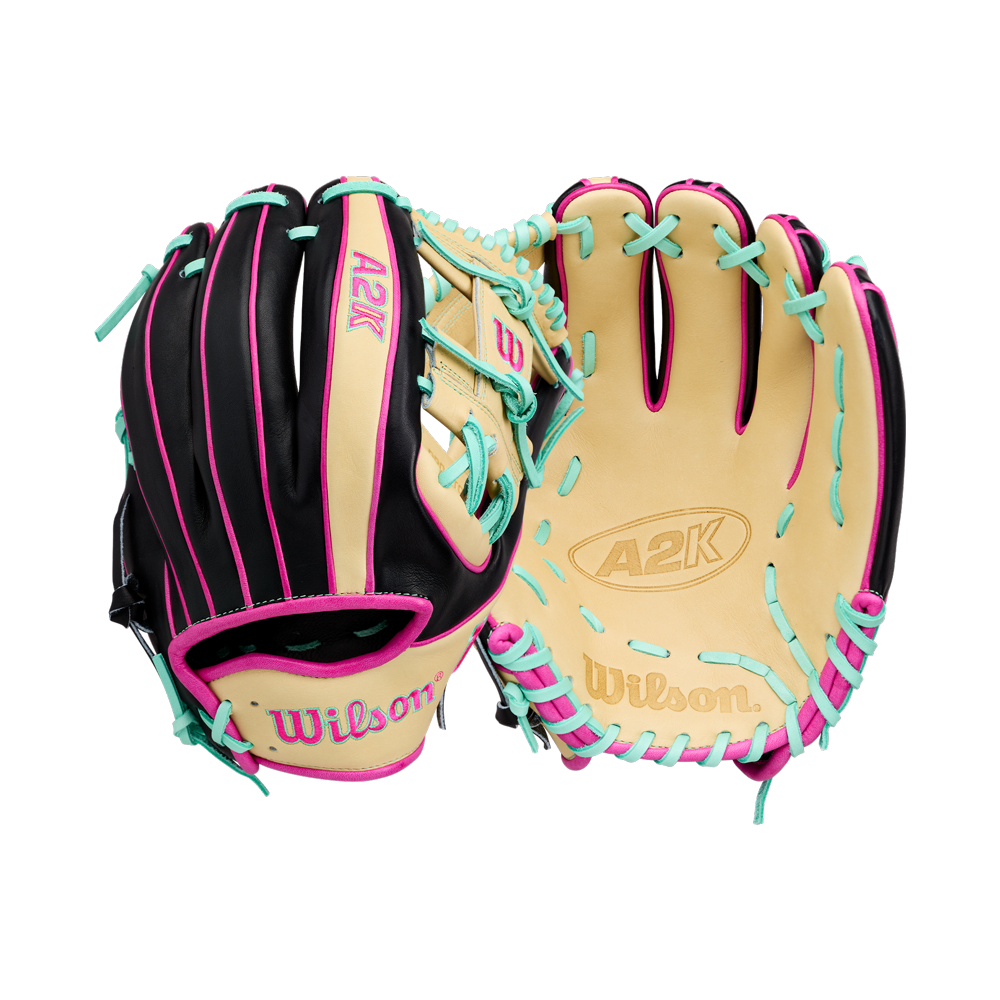 Two Wilson A2K 1724 11.75″ Baseball Gloves by Wilson, featuring black, tan, pink, and teal details with Double Palm Construction, are displayed palm up and palm down on a white background.