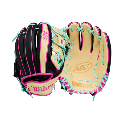 Two Wilson A2K 1724 11.75″ Baseball Gloves by Wilson, featuring black, tan, pink, and teal details with Double Palm Construction, are displayed palm up and palm down on a white background.
