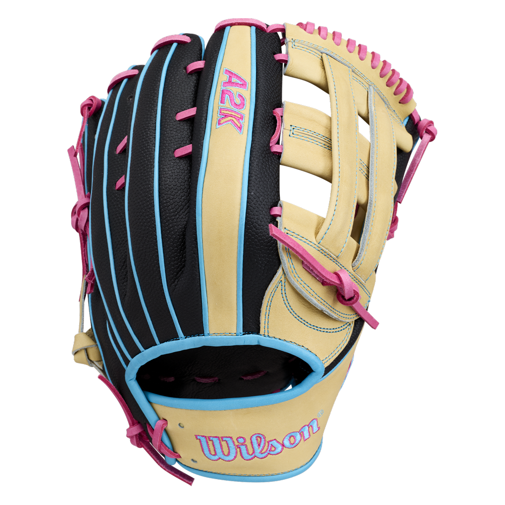 A Wilson A2K 1777 12.75″ Baseball Glove (WBG0010301) by Wilson, in tan, black, and blue with pink laces and stitching, featuring Double Palm Construction, is displayed against a white background.