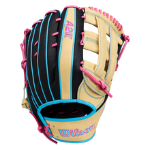 A Wilson A2K 1777 12.75″ Baseball Glove (WBG0010301) by Wilson, in tan, black, and blue with pink laces and stitching, featuring Double Palm Construction, is displayed against a white background.