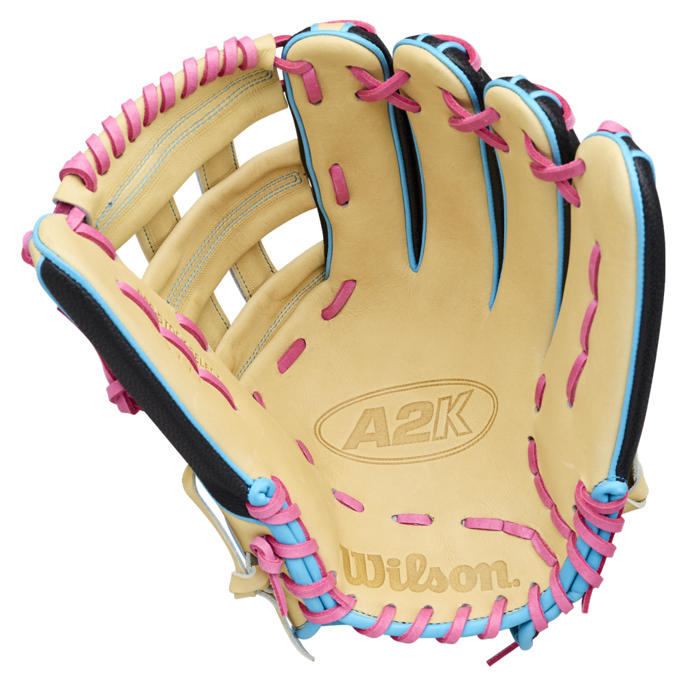A Wilson A2K 1777 12.75″ Baseball Glove (WBG0010301) by Wilson, shown open against a white background, features a tan color with pink and blue lacing and Double Palm Construction.